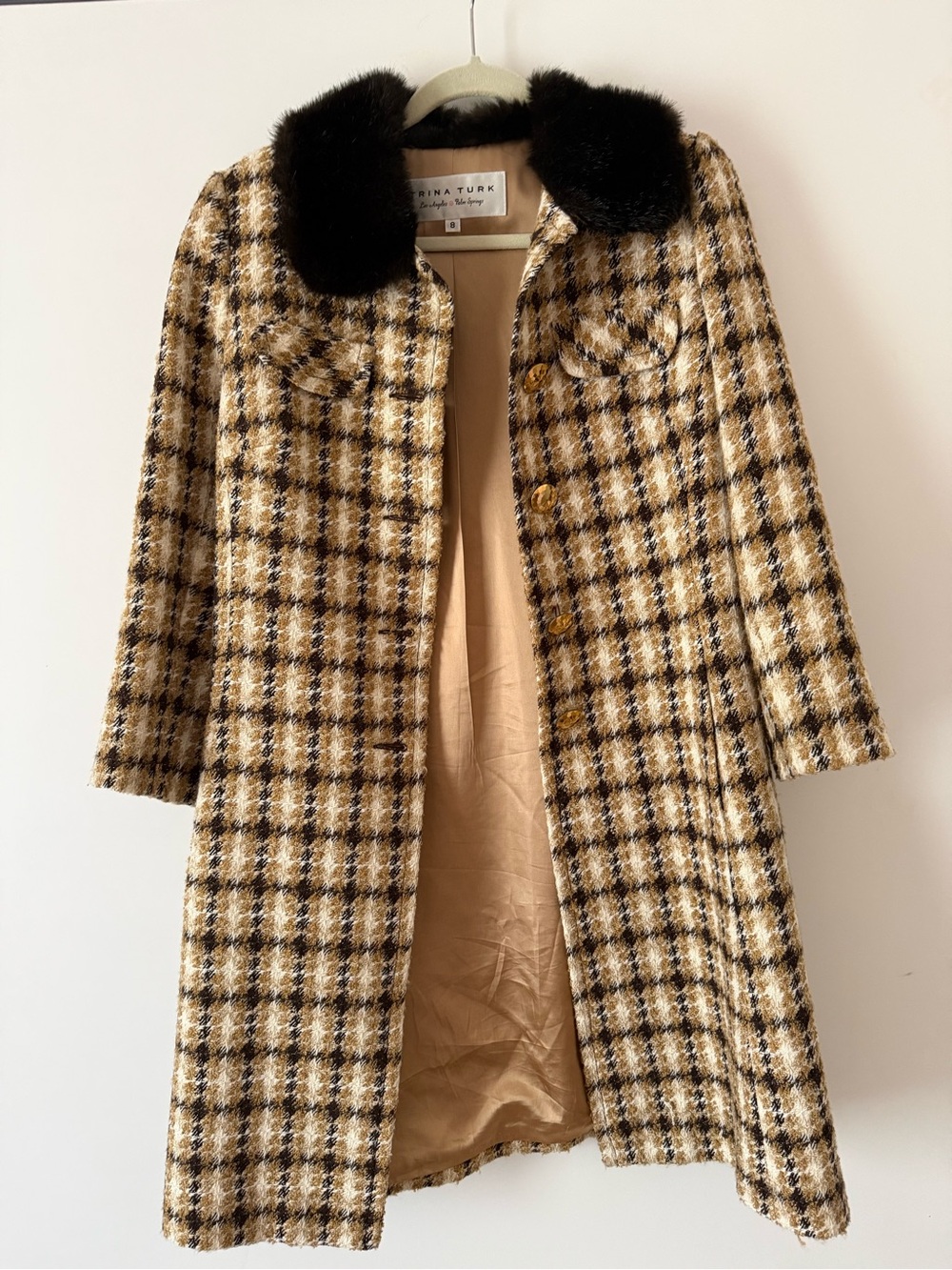 Trina Turk Women's Plaid Wool-Blend Coat with Faux Fur Collar - Camel/Black